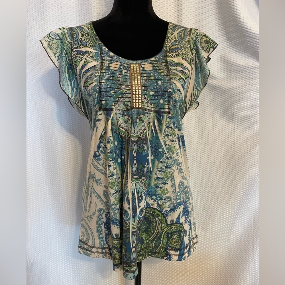 One World Paisley Print Butterfly Sleeve Blouse Mystical Fairy look Size Small